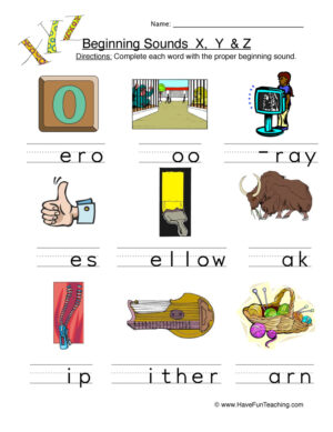 Beginning Sounds X Y Z Pictures Worksheet