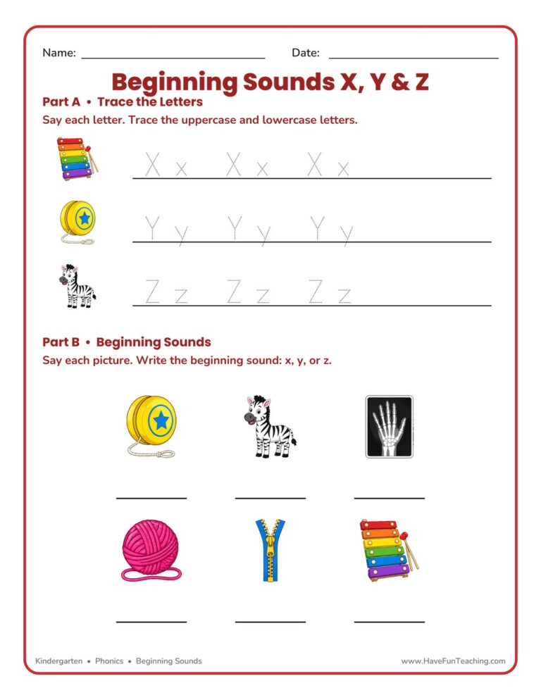Beginning Sounds X Y Z Pictures Worksheet