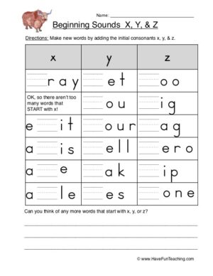 Beginning Sounds X Y Z Worksheet