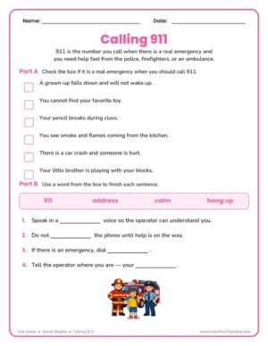 2nd Grade Calling 911 emergency safety worksheet