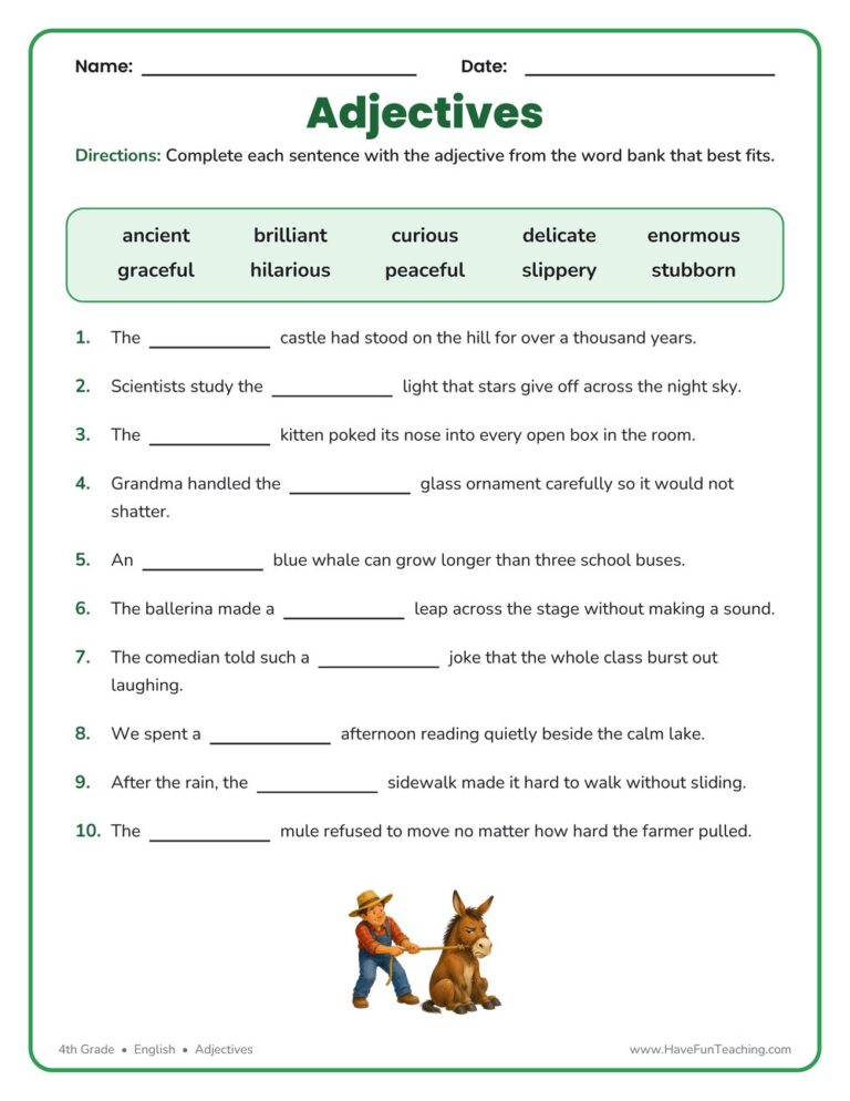 Adjectives Fill in the Blanks Worksheet