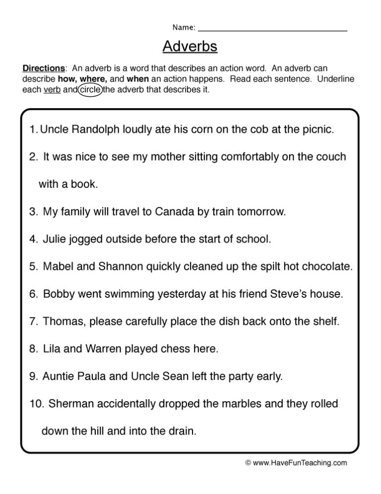 Circle & Underline Adverb Worksheet
