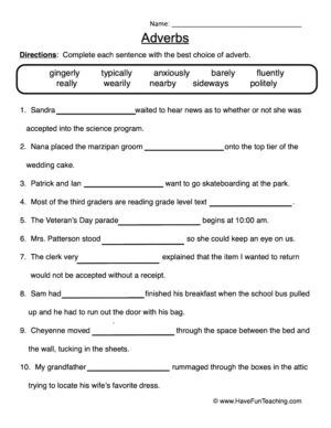 Adverbs Fill in the Blanks Worksheet