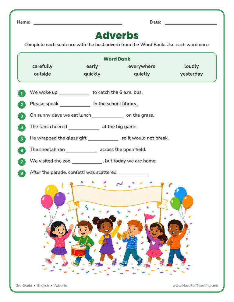 Adverb Fill in the Blanks Worksheet