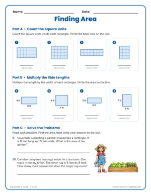 3rd Grade area worksheet for finding the area of rectangles