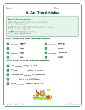 A an the articles worksheet for 2nd grade to choose the correct article before nouns.