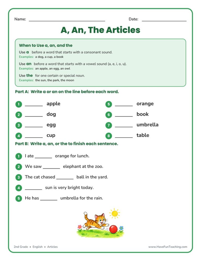 A, An, The Articles Worksheet