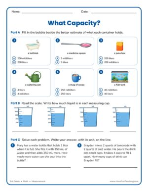 3rd Grade capacity and liquid volume measurement worksheet