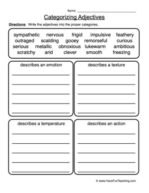 Categorizing Adjectives into Groups Worksheet