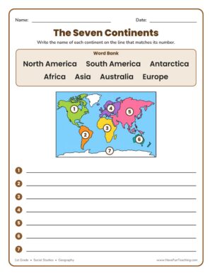 Labeling continents worksheet with a world map and word bank for students to label the seven continents