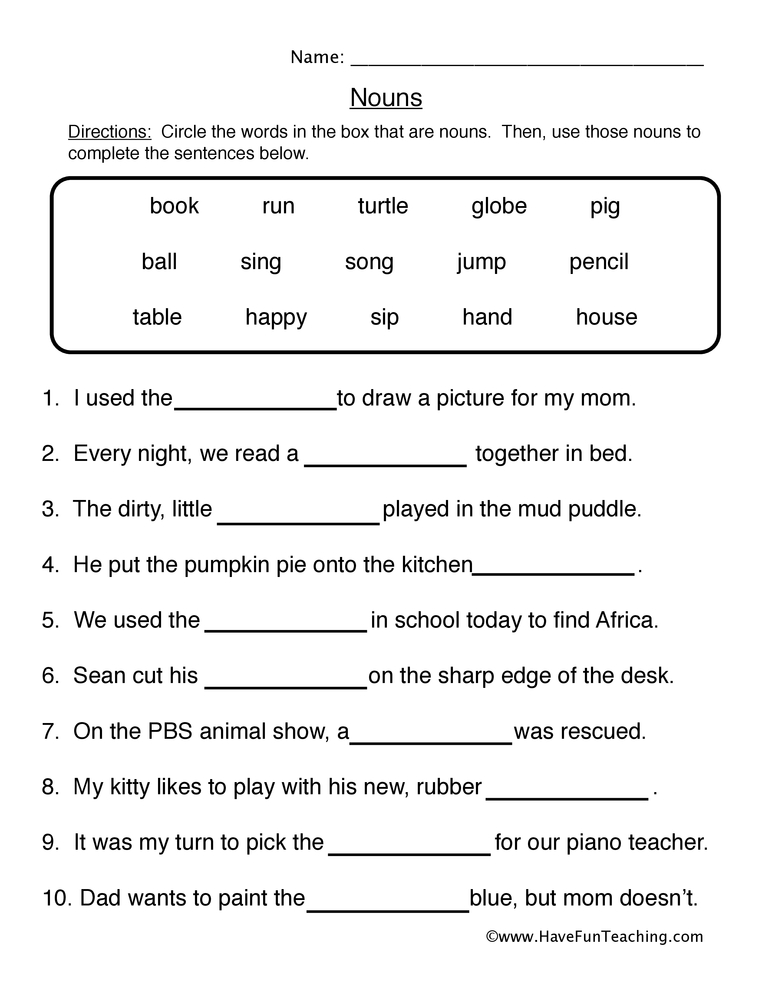 Noun Fill In The Blanks Worksheet Have Fun Teaching