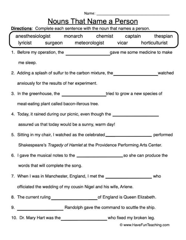 Nouns That Name a Person Worksheet