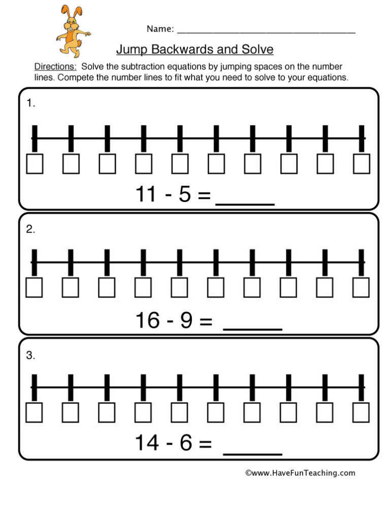 Number Line Jump Backwards and Solve Worksheet