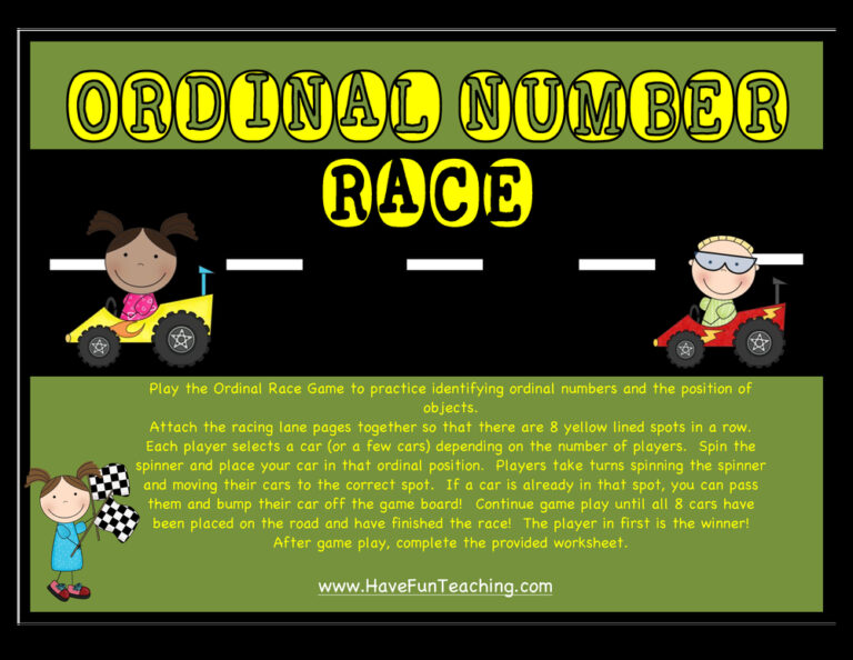 Ordinal Numbers Racecar Activity