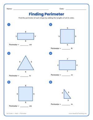 Finding shape perimeter worksheet where 3rd grade students add the side lengths of rectangles, squares, and triangles to find each shape’s perimeter.