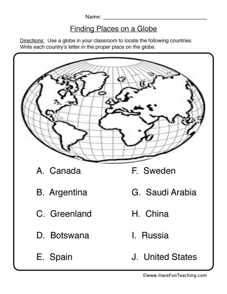 Finding Places on a Globe Worksheet