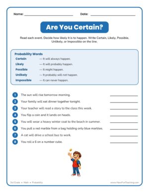 3rd grade probability worksheet on certain, likely, possible, unlikely, and impossible events