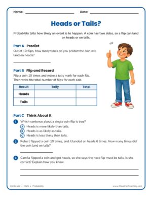 3rd Grade probability worksheet - heads or tails coin flip experiment