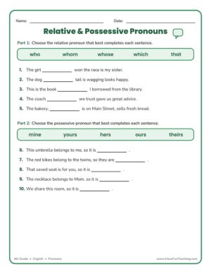 Fourth grade pronouns worksheet with relative and possessive pronoun word banks and fill-in-the-blank sentences
