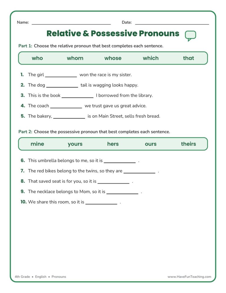 Relative and Possessive Pronouns Worksheet
