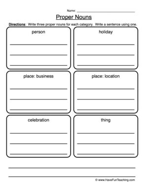Proper Nouns Categories List Worksheet