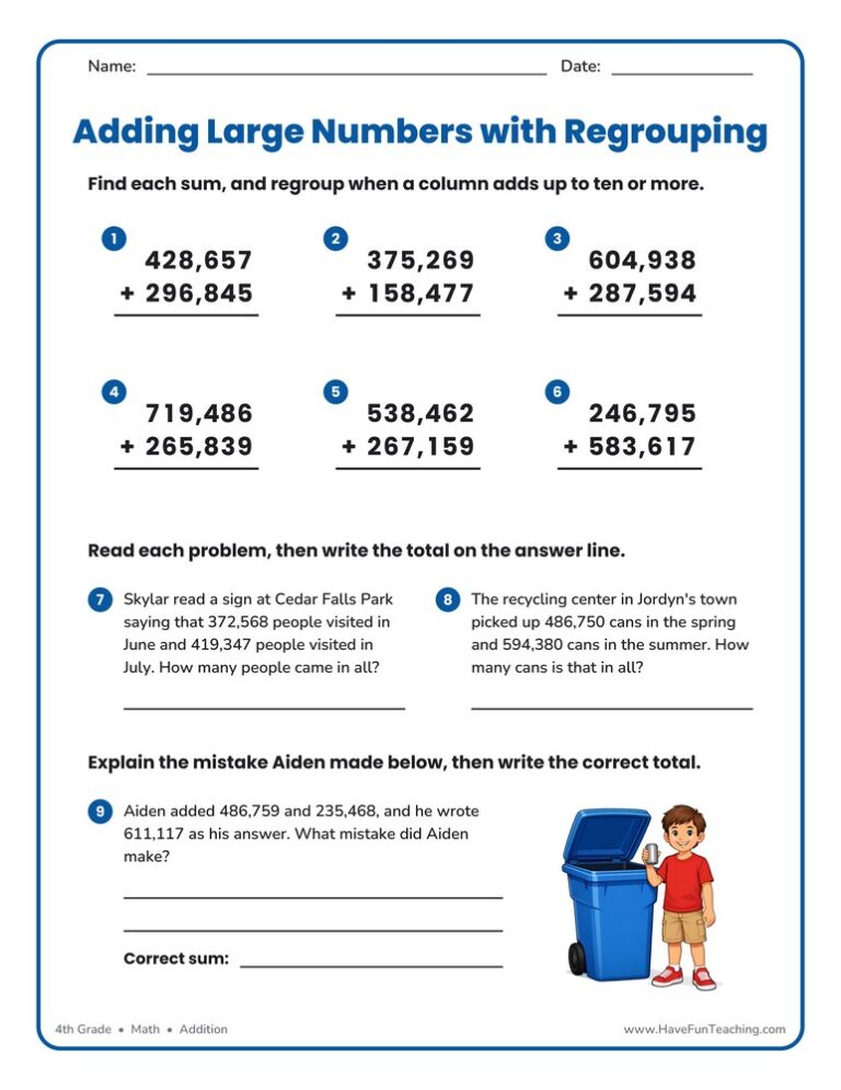 Adding Hundred Thousands Regrouping Worksheet