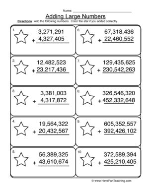 Adding Millions No Regrouping Worksheet