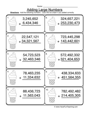 Add Millions No Regrouping Worksheet