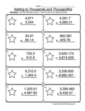 Adding Thousands Thousandths Worksheet