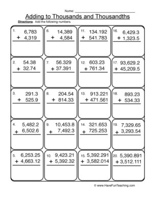 Add Thousands Thousandths Worksheet