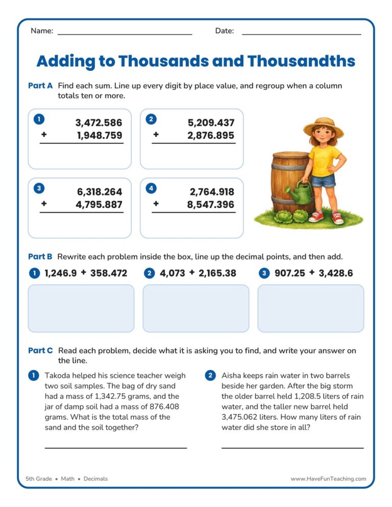 Add Thousands Thousandths Worksheet