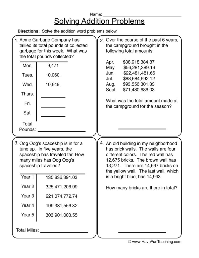 Three Addends to Millions Addition Word Problems Worksheet - Have Fun ...