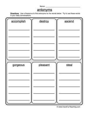 Antonyms List Worksheet