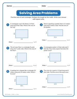 Solving Area Problems worksheet with six rectangle area word problems for 4th grade