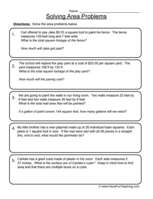 Finding Areas Word Problems Worksheet
