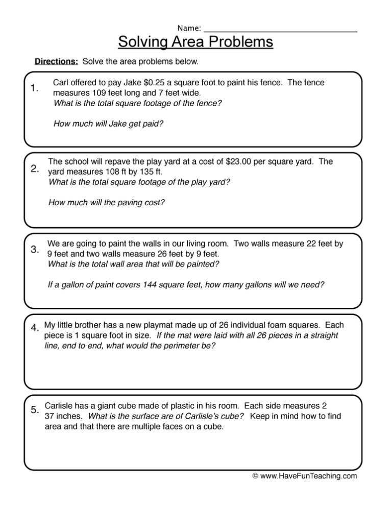 Solving Area Scenarios Worksheet