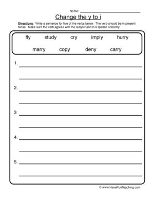 Change Y to I Writing Sentences Worksheet