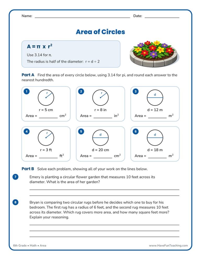 Area of Circles Worksheet