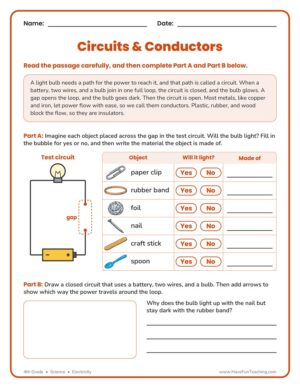 4th grade circuits and conductors worksheet