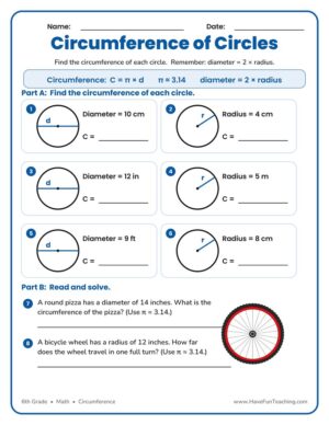 6th grade circle circumference worksheet showing circles labeled with radius and diameter