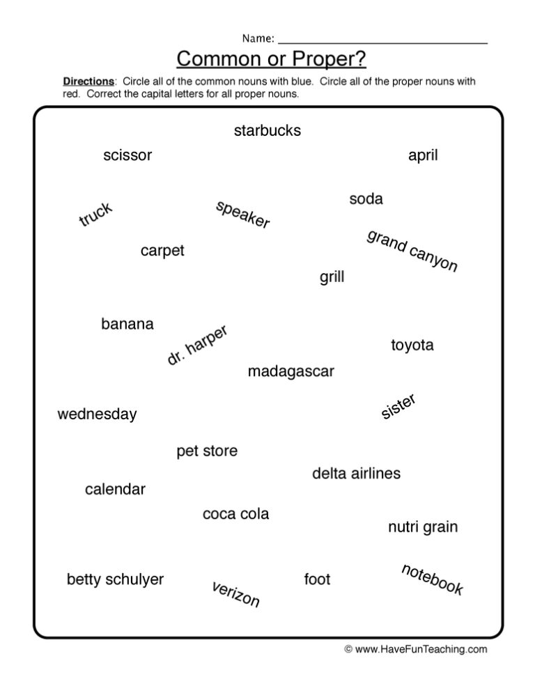 Circle Common or Proper Nouns Worksheet