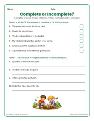 3rd grade rewriting incomplete sentences worksheet