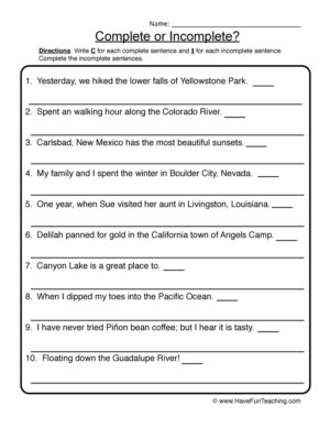 Rewriting Incomplete Sentences Worksheet