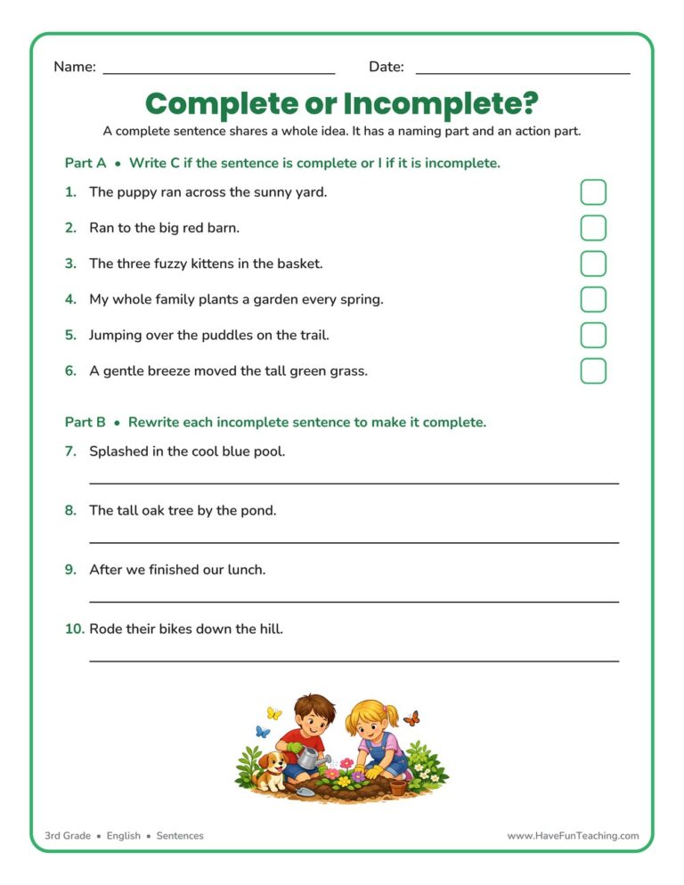 Rewriting Incomplete Sentences Worksheet