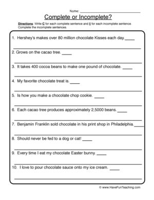 Complete Incomplete Chocolate Sentences Worksheet