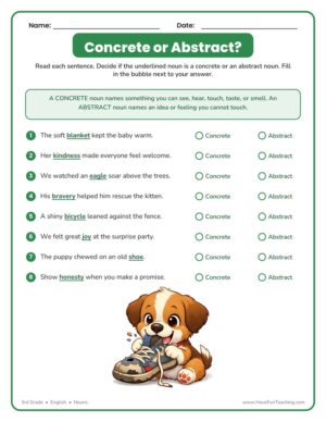 Concrete or abstract nouns worksheet for 3rd grade students to sort nouns