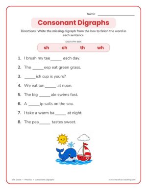 2nd grade consonant digraphs phonics worksheet on sh, ch, th, and wh