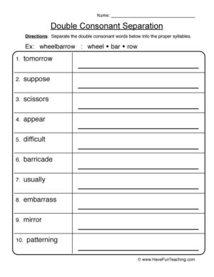 Separating Double Consonants Worksheet