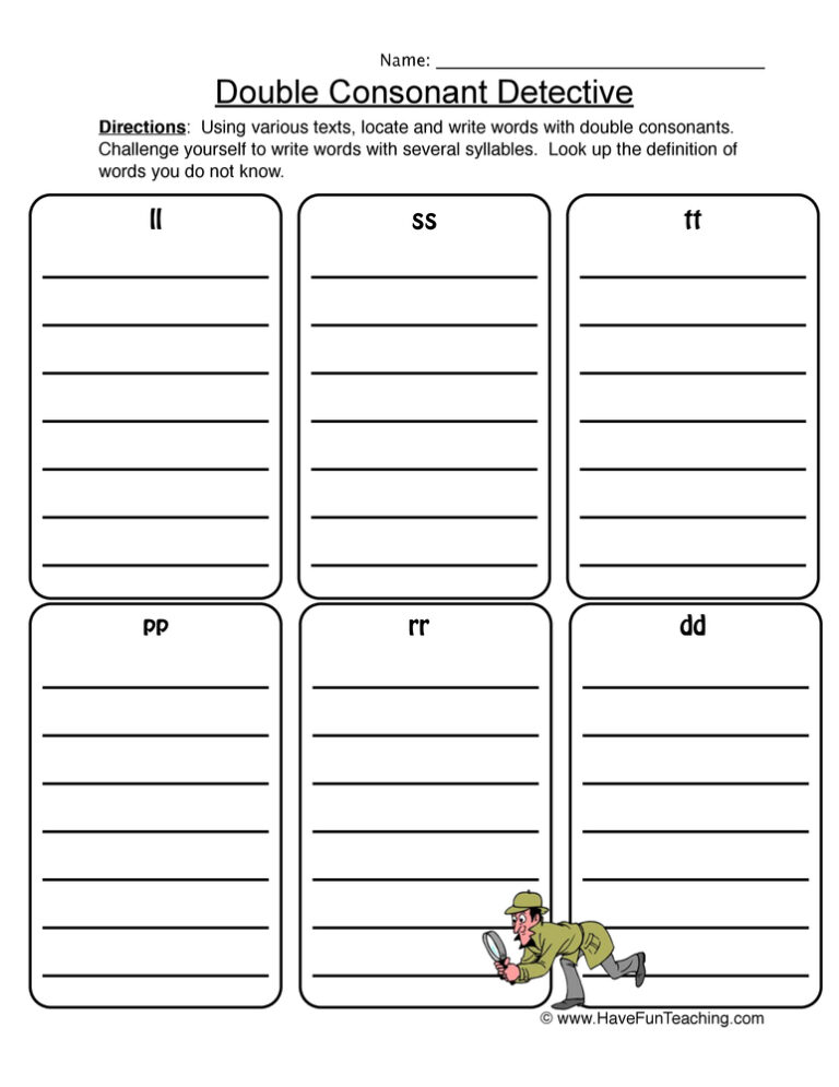 Double Consonant Lists Worksheet
