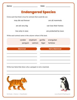 3rd grade endangered species worksheet: circle true facts and sort endangered animals into mammal groups